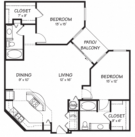 Floor plan for 2 beds, 2 baths, 1240 sqft